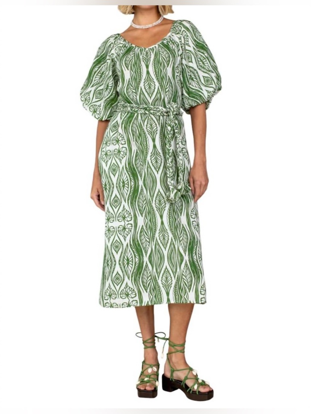 Olivia James the Label / Penny Leaf Linen Puff-Sleeve Midi Dress - Sz. L - NWT